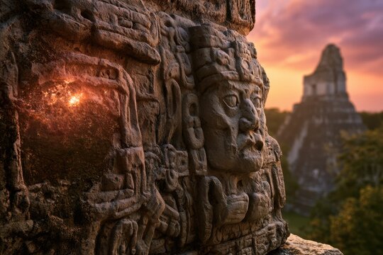 Ancient carved stone face detail illuminated by warm sunset light with iconic stepped pyramid temple in soft focus rainforest background