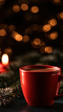 Warm red mug filled with a hot beverage surrounded by pine branches and glowing festive lights creating a cozy holiday atmosphere on a dark background