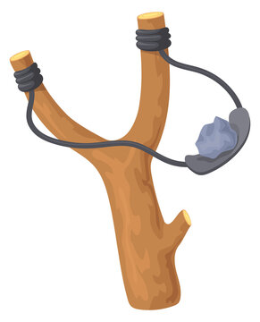 Throwing stone catapult toy. Cartoon slingshot icon