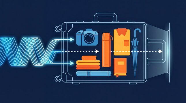Airport Security Scanning, Electromagnetic waves penetrate a travel suitcase during security screening