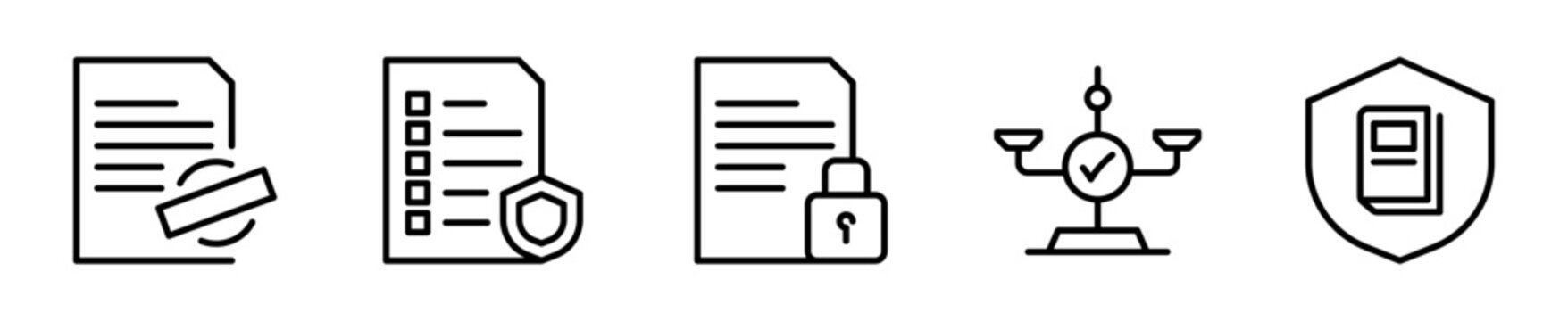 Set de 5 iconos de cumplimiento normativo. Validaci&oacute;n oficial, checklist regulatorio, protecci&oacute;n con candado, justicia verificada y resguardo legal. Vector outline