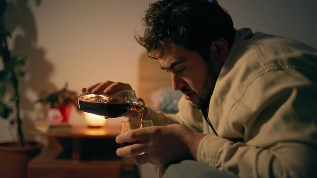 Passed out on bed after heavy drinking adult male drops arm near bottle. Severe career defeat pain