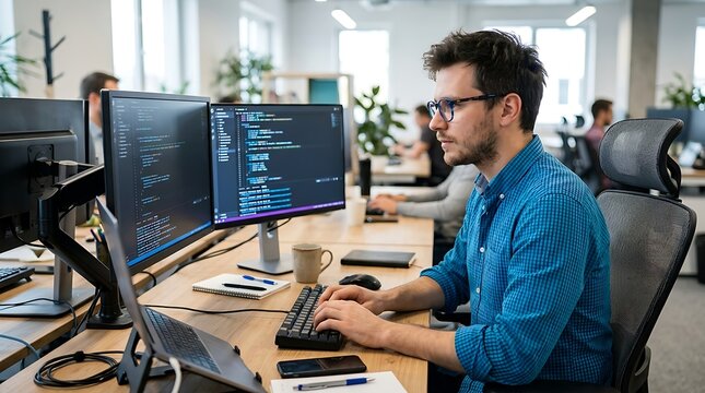 Software developer writing code on multiple computer monitors in a modern open-plan office