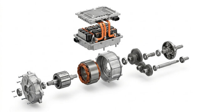 Electric Vehicle Powertrain Exploded View showing motor stator rotor inverter and reduction gearbox gears on white background