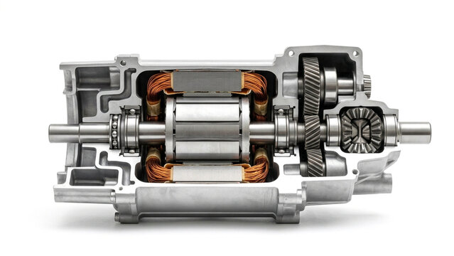 Electric motor cutaway cross section showing internal rotor, copper windings, shaft, and reduction gearbox on white background