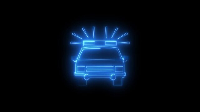 Animated blue neon police car front view with flashing siren light and emergency alert rays.Law enforcement 911 security patrol emergency loop on black background.4K loopable police vehicle interface