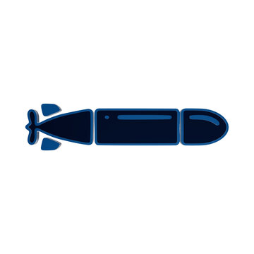 Blue metallic torpedo icon for naval defense and underwater weaponry symbol for military technology and maritime warfare equipment isolated on a transparent background