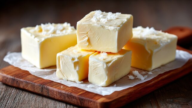 Creamy butter cubes topped with flaky sea salt sit on a wooden cutting board.