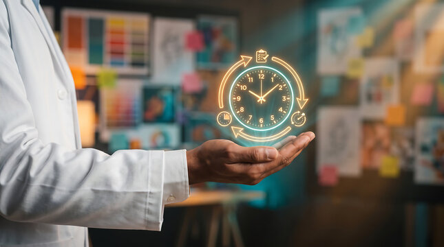 Close-up of a person in a white lab coat holding a glowing neon clock icon with circular arrows, representing time management and productivity in an office setting