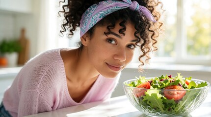 Fototapeta premium Young woman with curly hair, purple bandana looks at fresh salad bowl. Enjoys healthy organic food in bright kitchen. Pretty girl prepares nutritious meal with lettuce, tomatoes for diet lifestyle at
