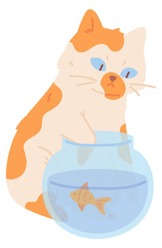 Cat try catch fish from glass bowl. Bad pet character