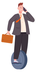 Businessman hurry to work meeting on monowheel and talk on phone © ssstocker