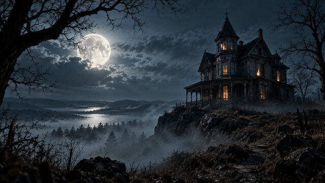 Manoir victorien hant&eacute; sous une grande pleine lune