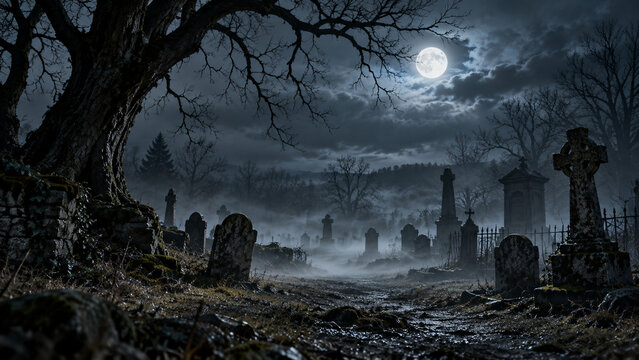 Cimeti&egrave;re ancien dans la brume sous la pleine lune