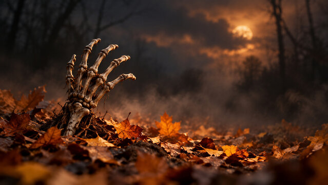 Main squelettique &eacute;mergeant de feuilles mortes en automne
