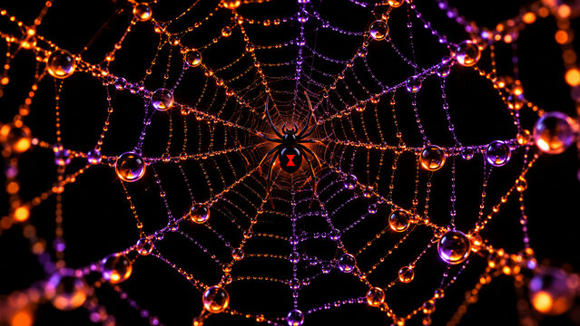 Araign&eacute;e noire au centre d une toile lumineuse perl&eacute;e
