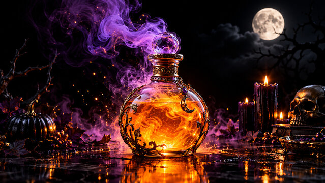 Potion magique orange avec fum&eacute;e violette sous la lune