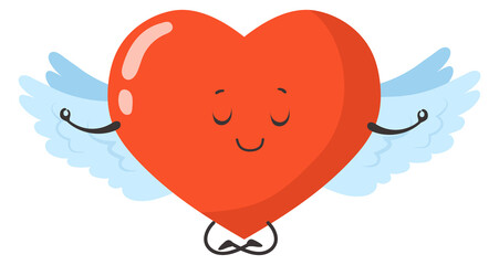 Fototapeta premium Angel heart mascot. Cute zen character with white wings