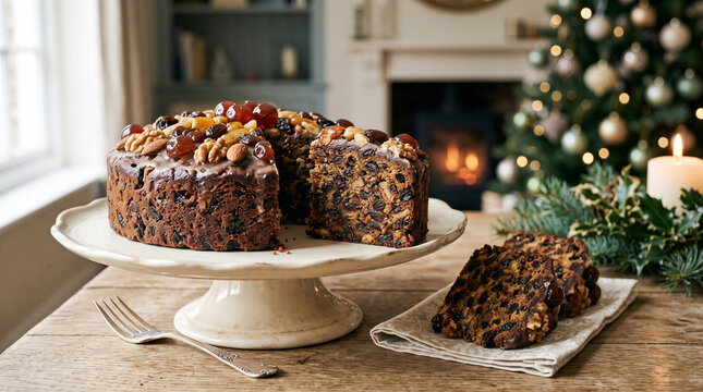 christmas fruit cake served on cake stand with holiday decorations