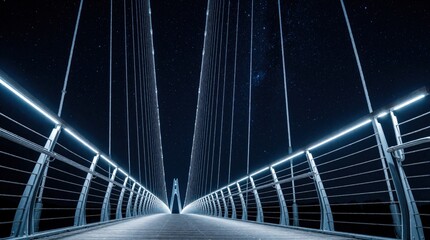 Fototapeta premium Modern steel cable suspension bridge glows with white LED lights under dark starry night sky. Symmetrical architectural structure features bright illumination across pedestrian walkway. Futuristic