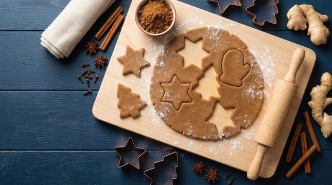 Gingerbread cookie dough with star cutters and spices, festive Christmas baking setup, rolling pin cinnamon sticks and brown sugar on wood