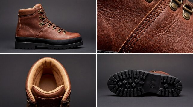 Luxury Leather Hiking Boot, A four-way split-screen view highlighting a premium leather hiking boot