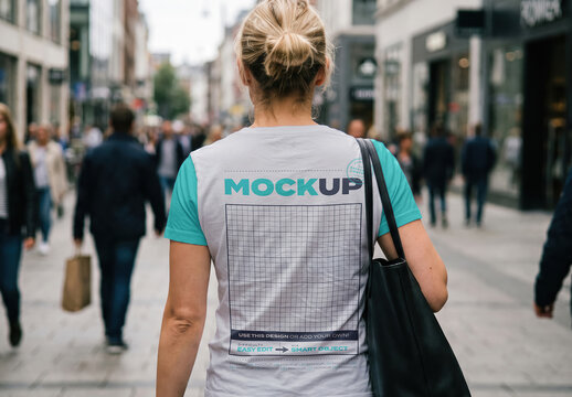 Woman Walking Downtown Back Tshirt Mockup