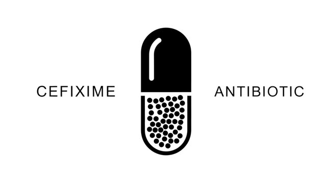 Medical vector illustration of a Cefixime antibiotic capsule pill with text isolated on a white background.