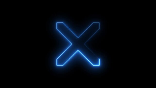 Animated blue neon X cross icon with glowing chase light effect. Close delete cancel error wrong reject UI button loop on black background. 4K loopable interface animation.