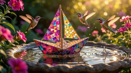 Fototapeta premium Colorful mosaic paper boat floats on water in garden bird bath. Two small hummingbirds fly around handmade sailboat near pink flowers. Sunny summer day scene with water ripples, bright bokeh