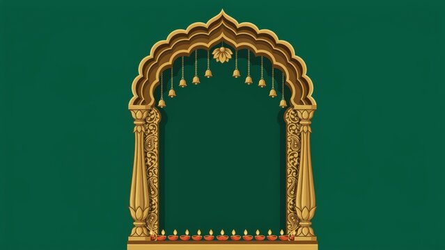 Traditional Indian Archway With Diya Lamps And Green Background For Diwali Celebration