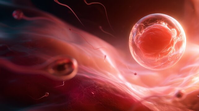 Visualization of fertilization process showing sperm cells swimming toward an ovum with intricate embolic textures under soft glowing light
