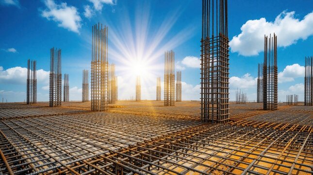 Massive construction site features dense steel rebar grid. Vertical metal reinforcement columns rise toward blue sky under bright sun. Industrial framework for skyscraper foundation under