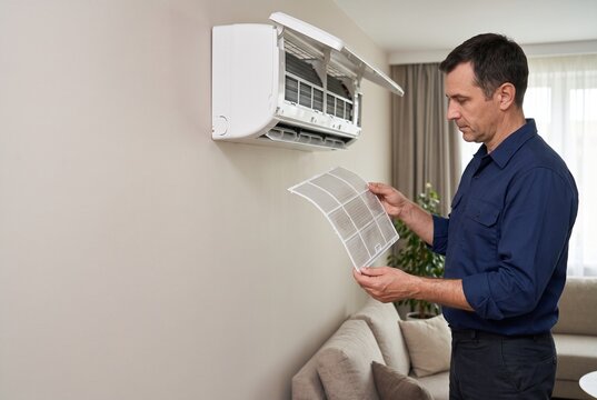 Technician inspecting mesh filter beside open wall mounted air conditioner