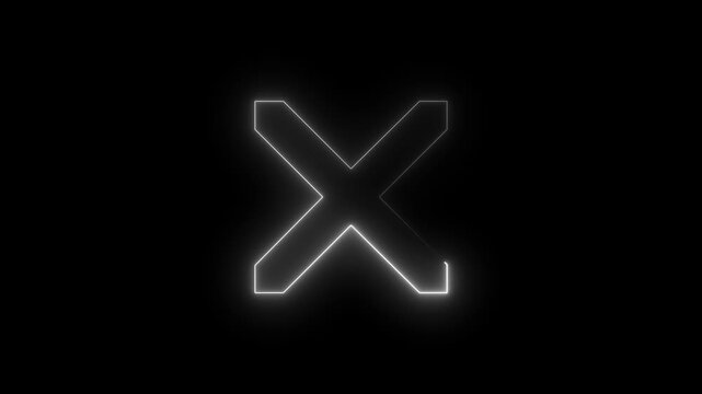 Animated white neon X cross icon with glowing chase light effect. Minimalist close delete cancel error UI button loop on black background. 4K loopable interface animation with alpha channel.