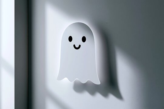 Halloween wall decal of a friendly ghost (simple shape), on light gray wall, soft light, cute and cheerful