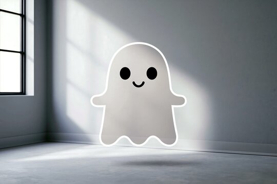 Halloween wall decal of a friendly ghost (simple shape), on light gray wall, soft light, cute and cheerful