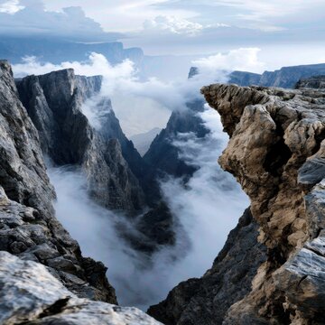 Mist-filled deep rocky canyon with rugged cliffs and dramatic cloud formations under a soft blue sky in a remote mountainous landscape