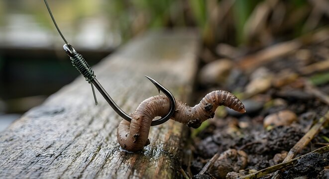 Macro close up of fishing hook and bait with live earthworm on wooden dock preparing for outdoor angling fishing trip concept
