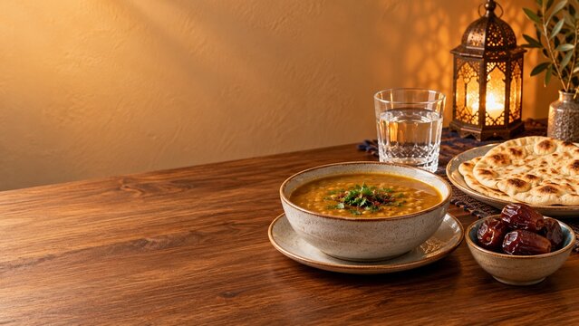 Warm Ramadan Iftar table setting with hot lentil soup flatbread dates and lit brass lantern on dark wood table