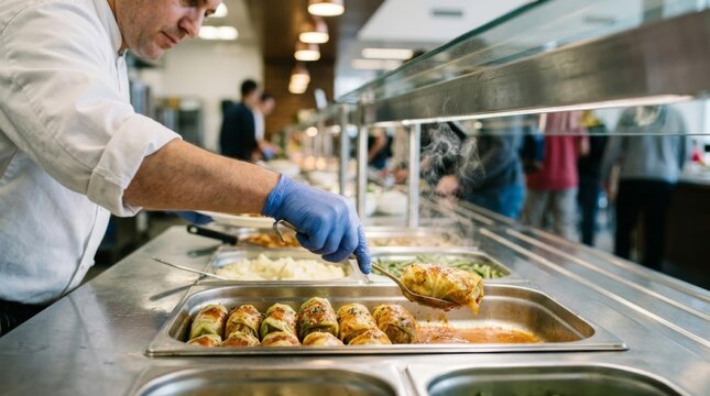 Chef serving steaming cabbage rolls from a buffet line in a modern, bright kitchen with copy space