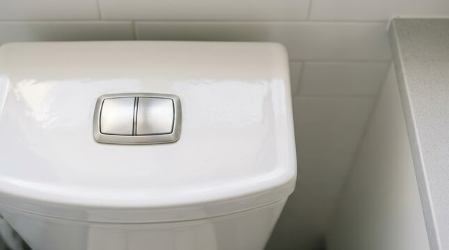 Modern dual-flush toilet tank with brushed metal split button in bright, clean bathroom interior