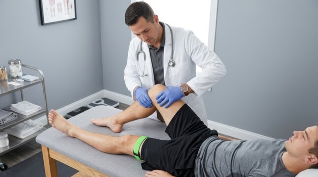 Sports doctor examining athlete's knee during flexion test in bright, modern clinic with medical equipment