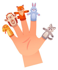 Fototapeta premium Finger puppet toys on human hand. Cartoon animals