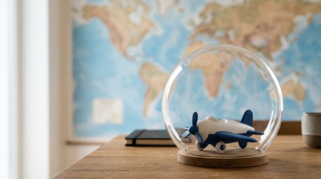 Small toy airplane protected inside a glass dome against a blurred world map backdrop, symbolizing travel and dreams