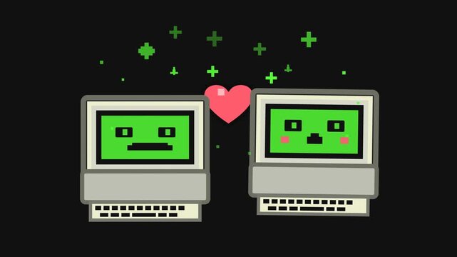 Two Retro Computers Falling in Love with Animated Heart, Vintage Cartoon Style