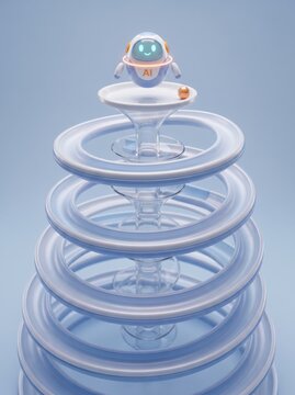 3d ai robot on top of glass spiral tower ready to release orange marble flow process concept