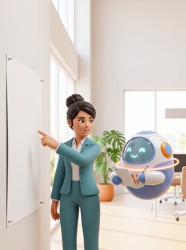 3d smiling hispanic businesswoman pointing at blank wall poster while ai robot takes notes on tablet