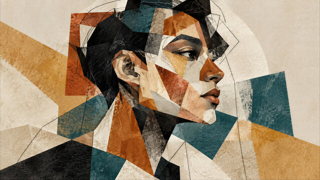 Abstract Cubist Portrait of a Young Man in Profile, Geometric Shapes and Earthy Tones in Modern Fine Art Style