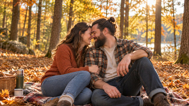 Happy romantic couple relaxing on blanket during autumn picnic in sunny forest with golden fall foliage